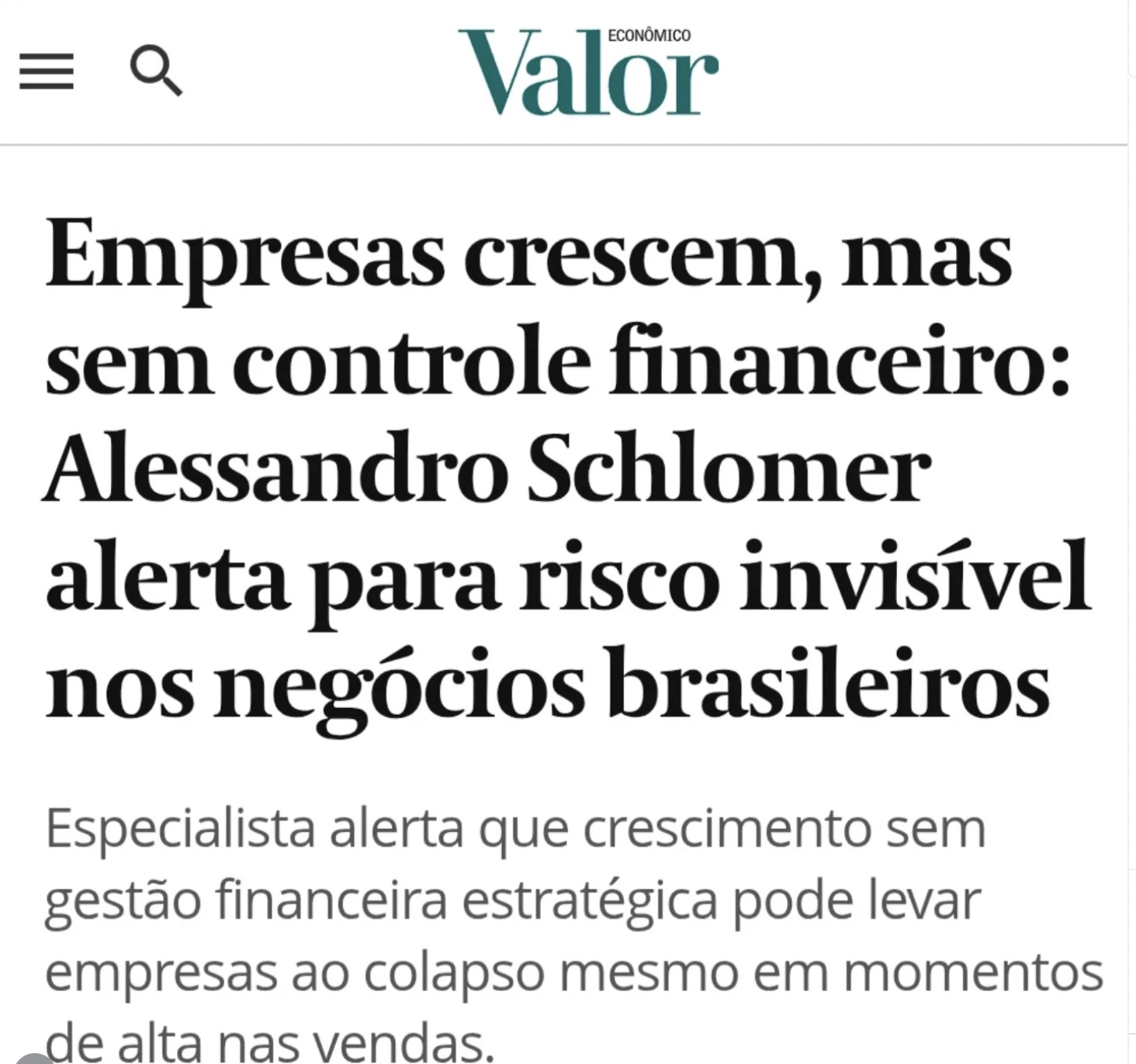 Matéria do Valor Econômico com Alessandro Schlomer sobre risco financeiro nos negócios brasileiros